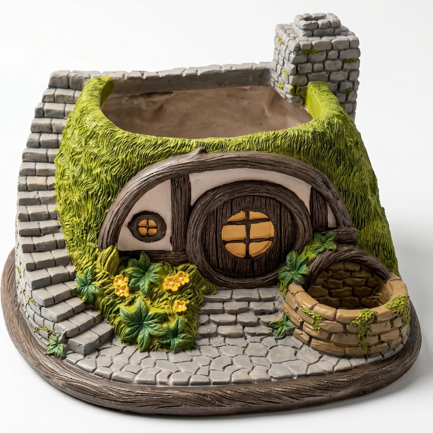 Maceta decorativa con forma de casa de colina, puerta redonda y tejado verde
