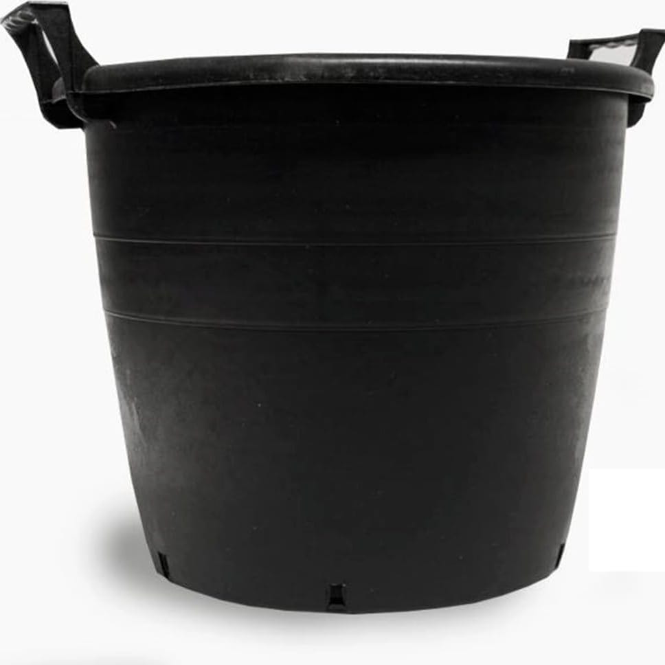 Macetón negro de plástico con dos asas y boca ancha