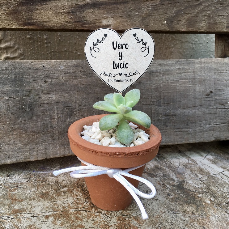Mini maceta para souvenir con nombres de los novios